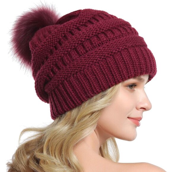 Women Burgundy Soft Acrylic Thick Baggy Knit Winter Faux Fur Pompom Beanie - Picture 4 of 6